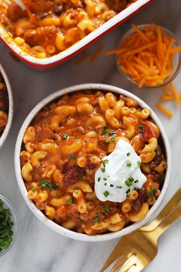 Chili mac and cheese might be the best dinner of all time. Make it once and eat it all week long. Bonus, it's kid-friendly and protein-packed! Chili Mac in a bowl