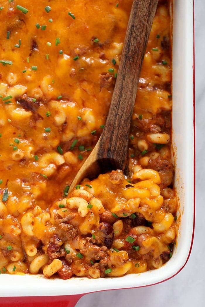 Chili mac and cheese might be the best dinner of all time. Make it once and eat it all week long. Bonus, it's kid-friendly and protein-packed! Chili mac baked and ready to eat
