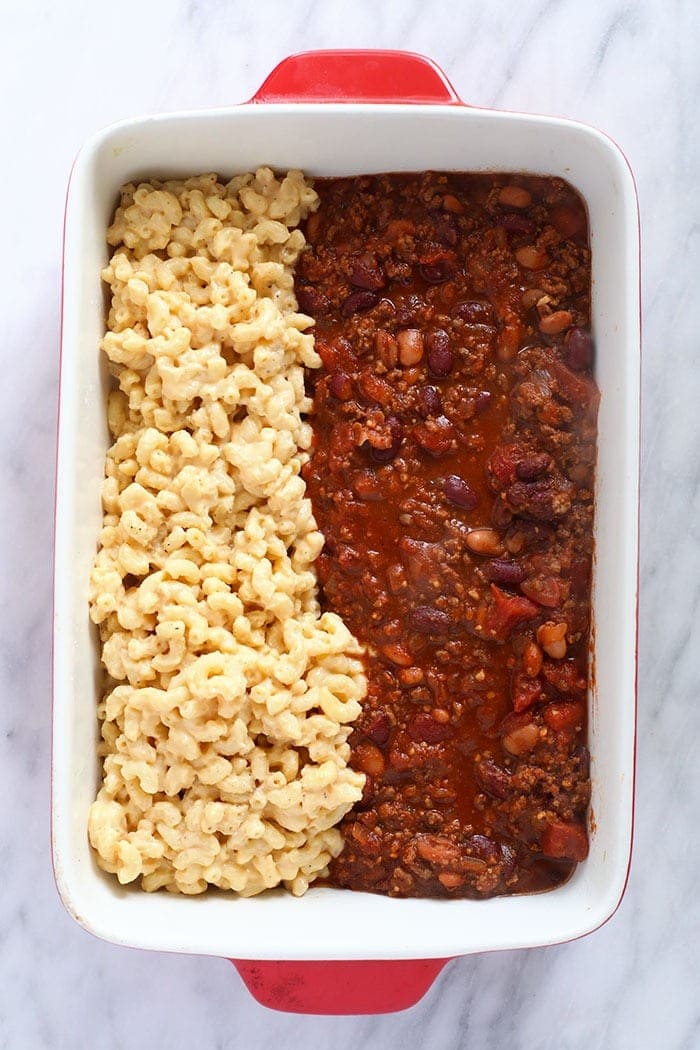 Chili mac and cheese might be the best dinner of all time. Make it once and eat it all week long. Bonus, it's kid-friendly and protein-packed! Chili mac in a casserole dish