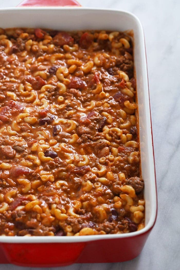 Chili mac and cheese might be the best dinner of all time. Make it once and eat it all week long. Bonus, it's kid-friendly and protein-packed! Chili mac in a casserole dish