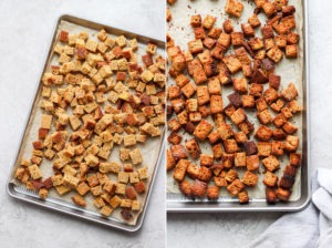 Two pictures of cornbread croutons on a baking sheet.