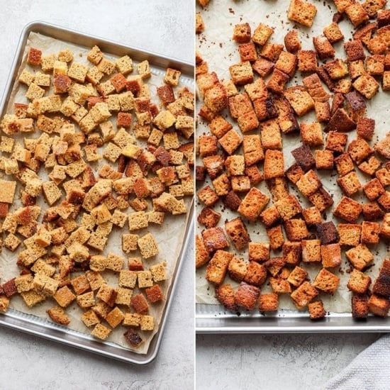Two pictures of cornbread croutons on a baking sheet.