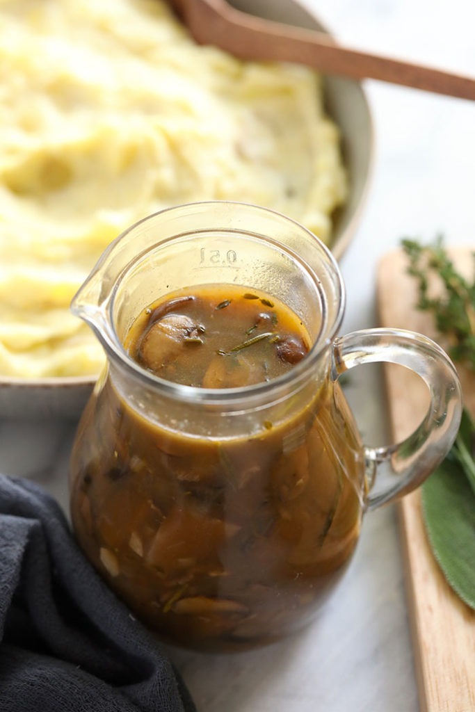 Mushroom gravy in a pour jar. 