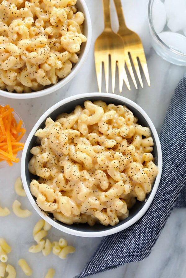 Two bowls of macaroni and cheese, recipe.