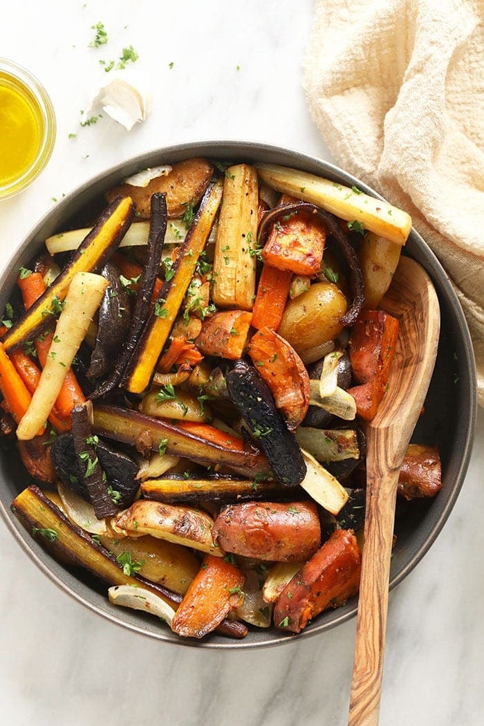 roasted root veggies in bowl with spoon