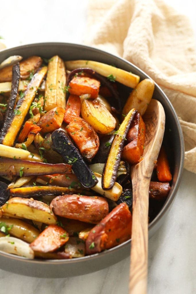 Roasted root vegetables in a bowl ready to be served