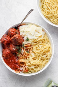 Spaghetti and meatballs in a bowl.