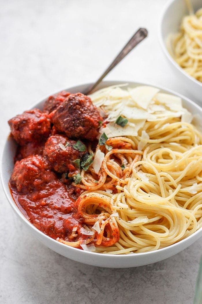 Bowl of spaghetti and meatballs.