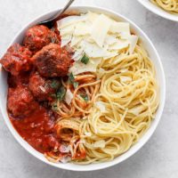 bowl of spaghetti and meatballs