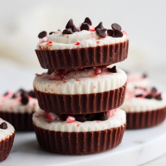 Stacked chocolate peppermint fat bombs.