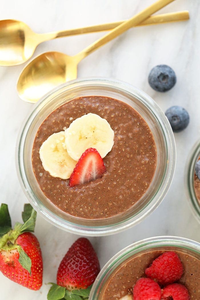 Chia protein pudding in a cup with toppings 
