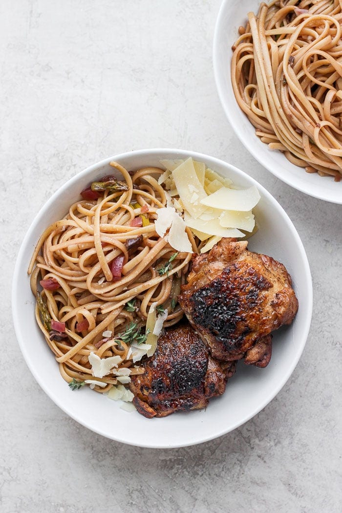 Plated balsamic roasted chicken pasta