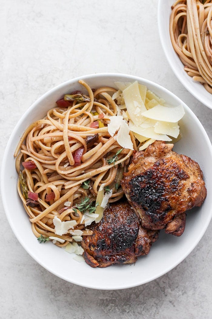 Balsamic roasted chicken pasta on a plate