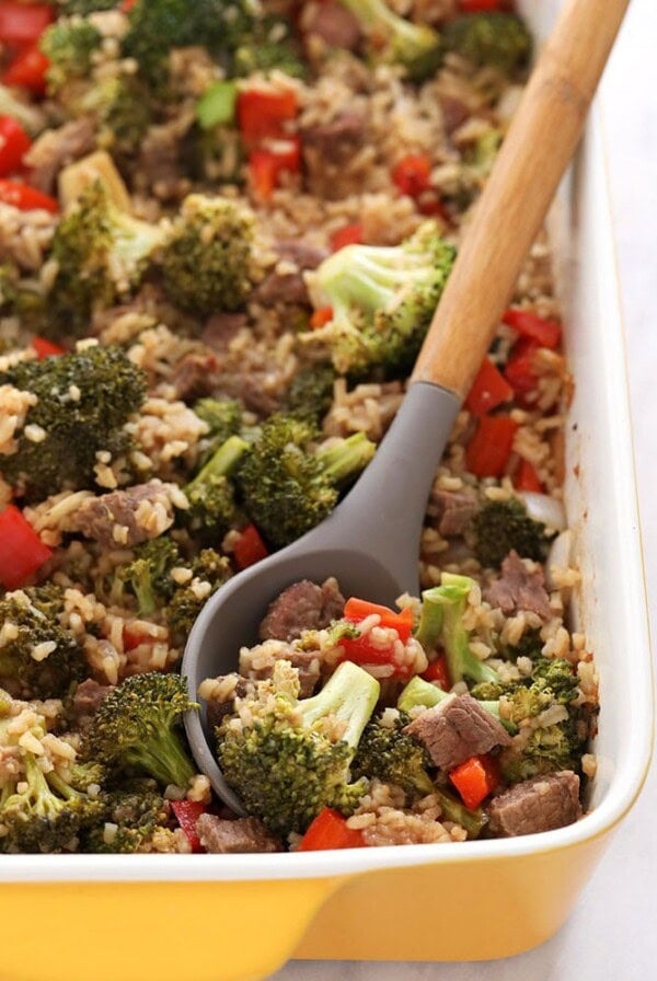 beef and broccoli casserole in dish