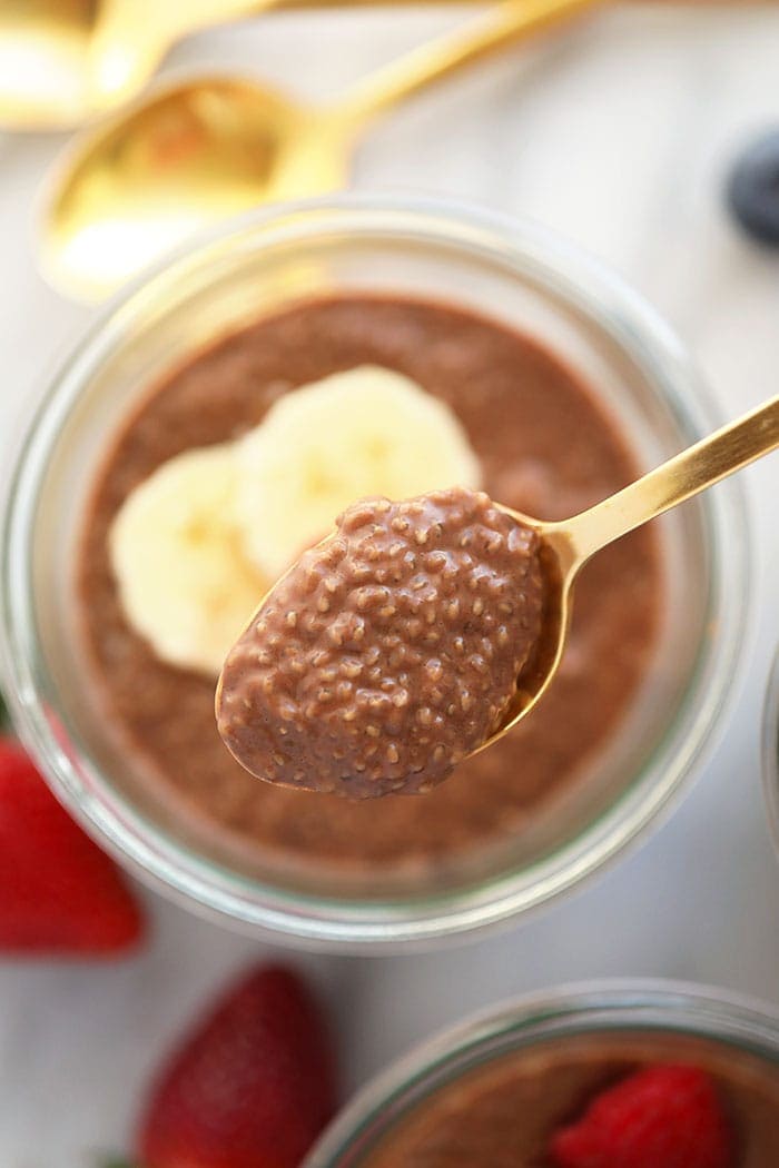 chia seed pudding on a spoon 