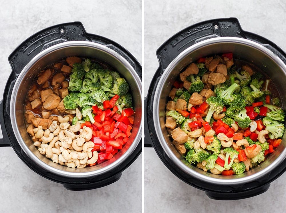 instant pot cashew chicken ingredients in the instant pot ready to be sauteed