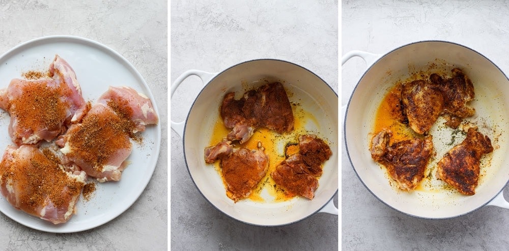 This One Pot Moroccan Chicken is flavor packed, healthy, and ready in less than an hour! Whip this meal up on a weeknight or meal prep it for the week. You won't be disappointed! the process of browning the chicken