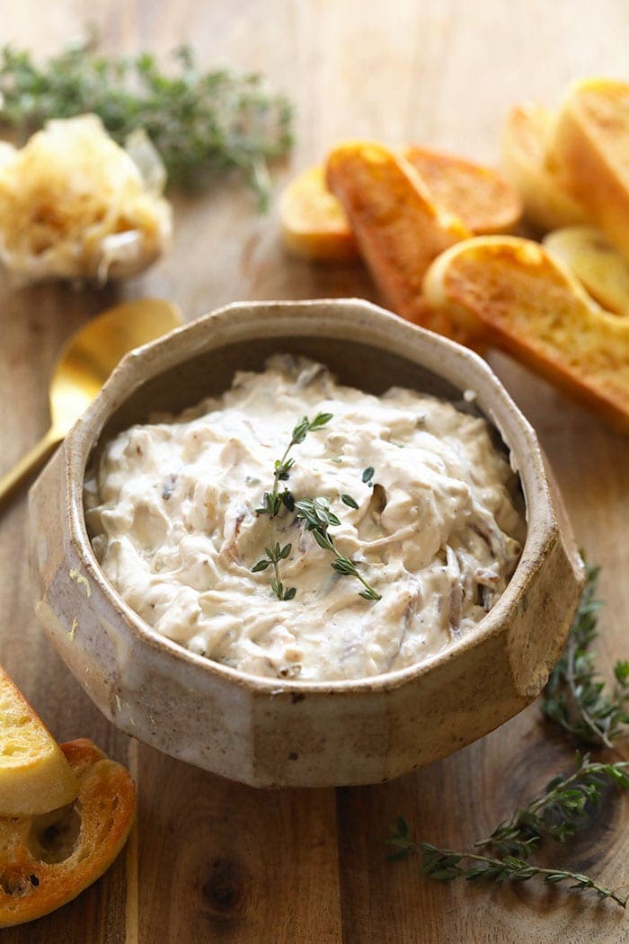 Roasted Garlic Caramelized Onion Dip in a bowl