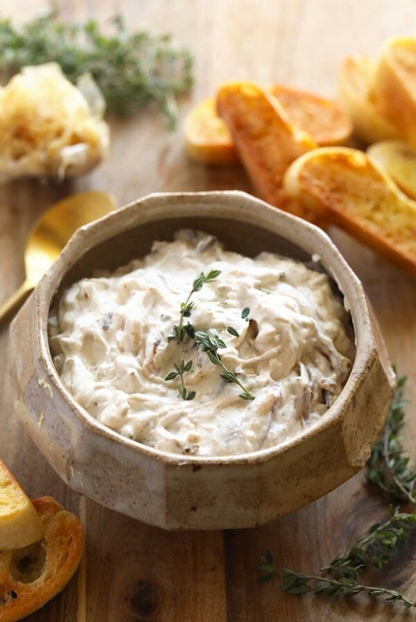 Caramelized Onion Dip with bread and thyme.