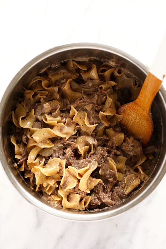 Cooked instant pot beef stroganoff ready to be served.