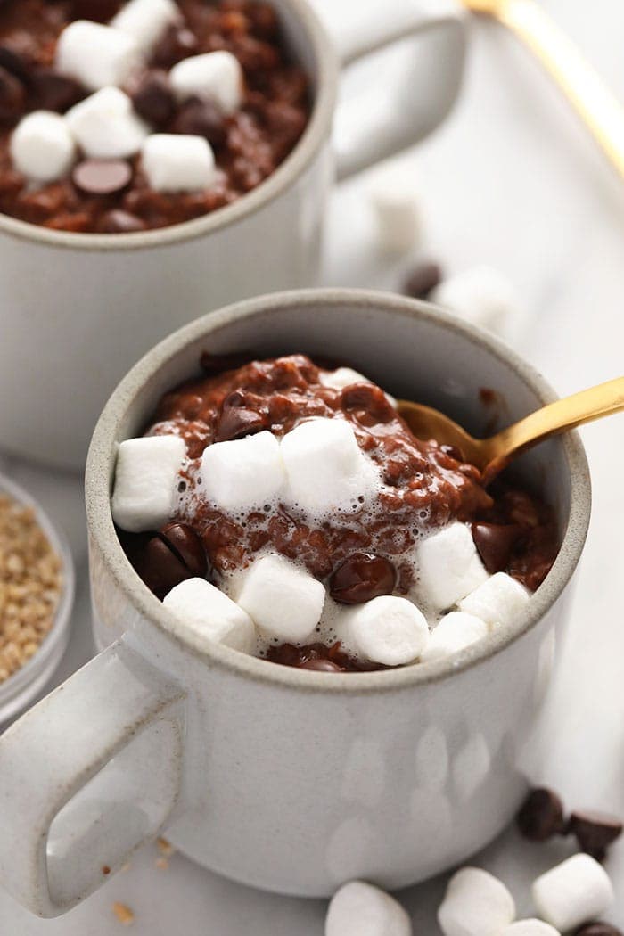 hot cocoa steel cut oats in a mug topped with marshmallows