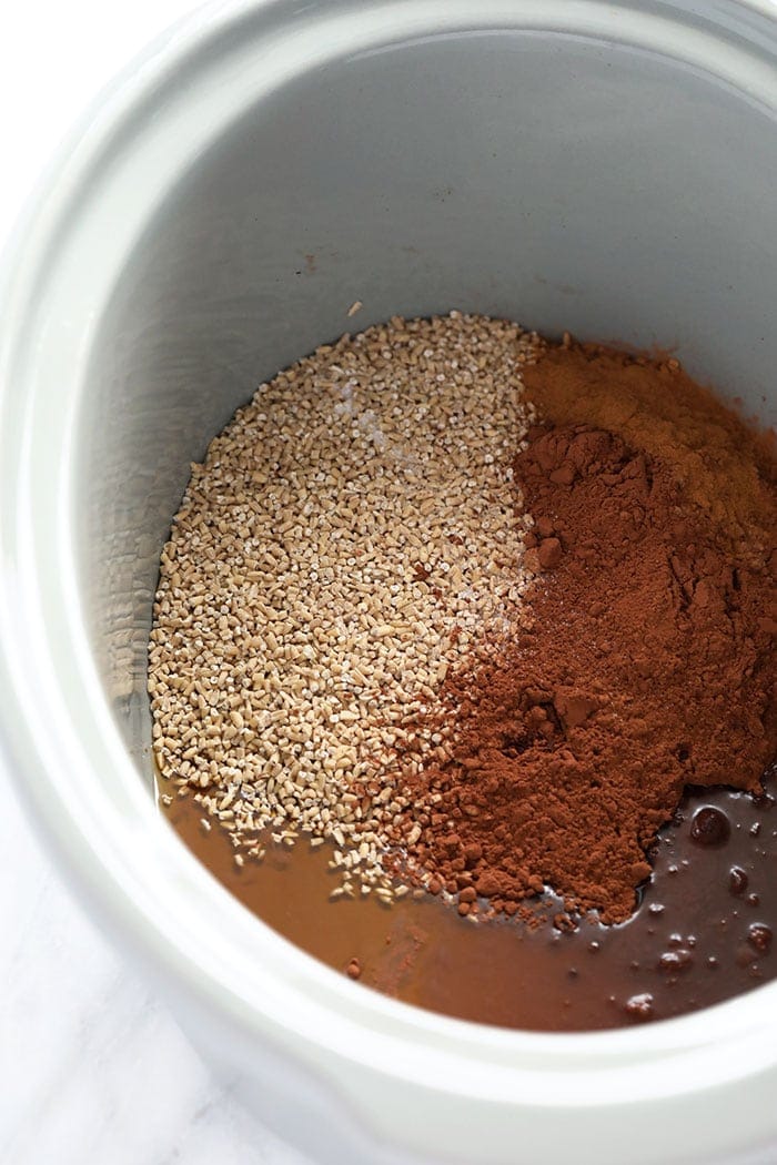 hot cocoa steel cut oats ingredients in a slow cooker