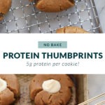 No bake thumbprint cookies made with protein dough placed on a baking sheet.