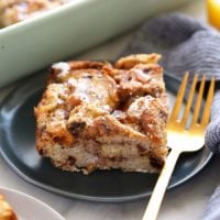 A french toast bake with a fork.