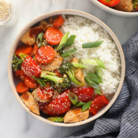 Teriyaki chicken stir fry with vegetables and rice.
