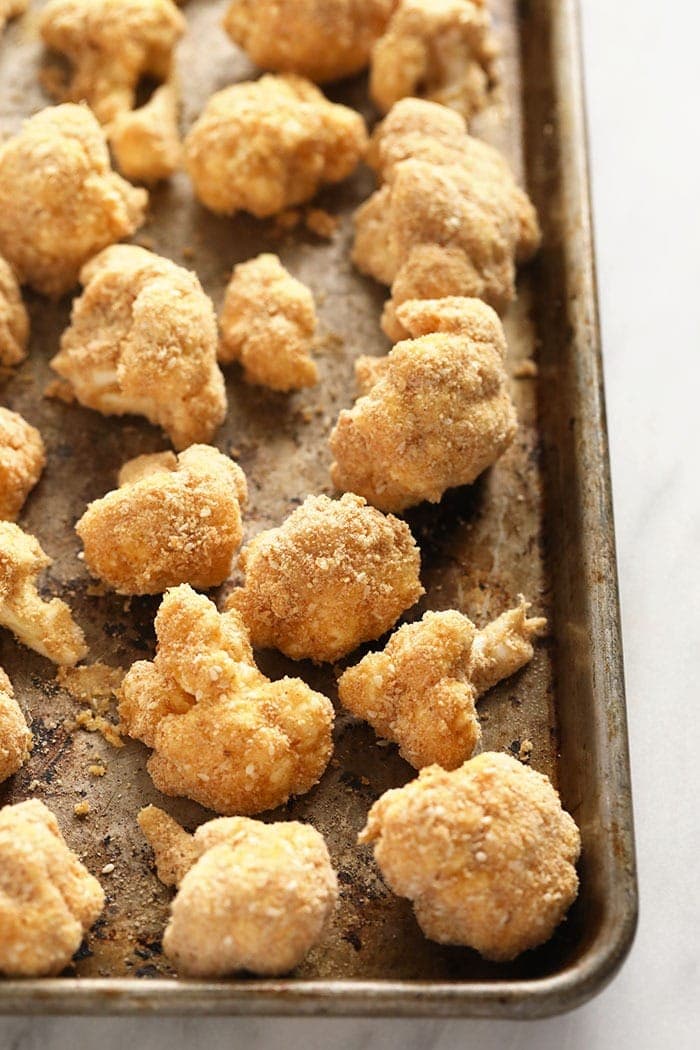 Baking cauliflower wings on a baking sheet