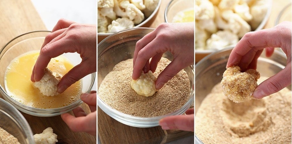 The process of breading a cauliflower wing