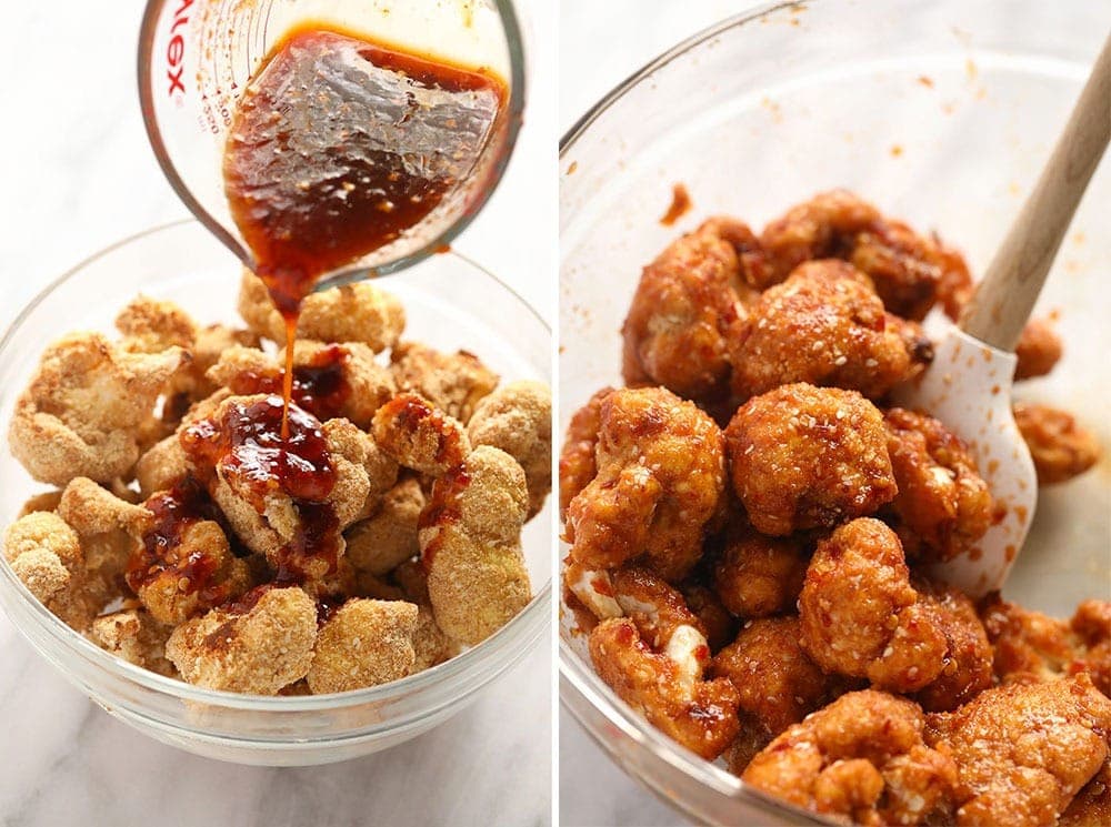 Pouring sauce on the cauliflower wings