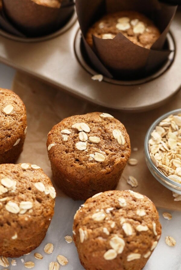 classic oatmeal muffins topped with rolled oats