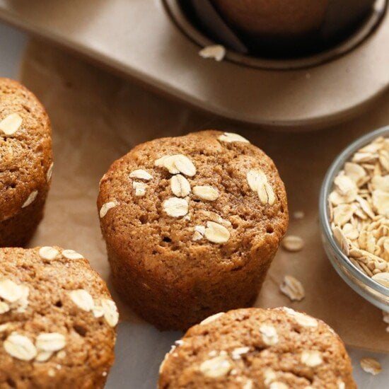 classic oatmeal muffins topped with rolled oats