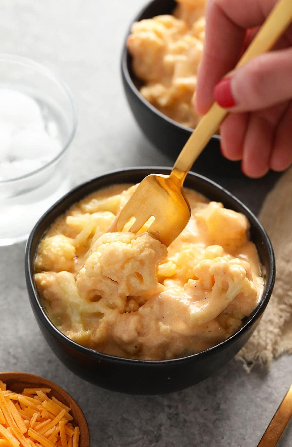 cauliflower mac and cheese in a bowl ready to eat