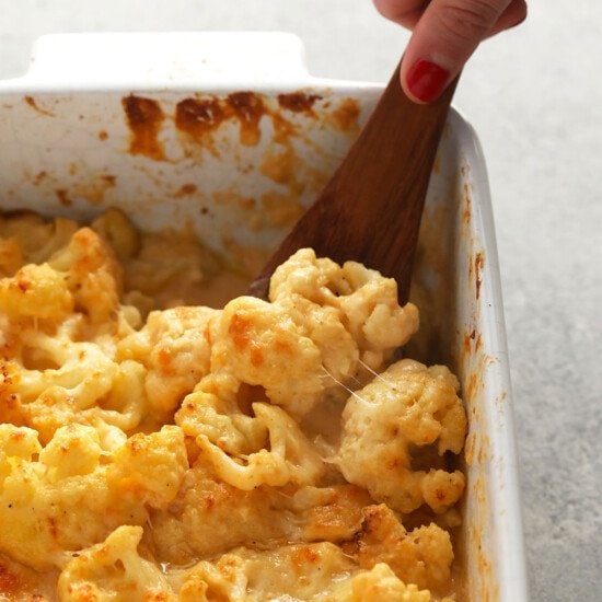 cauliflower mac and cheese in a casserole dish