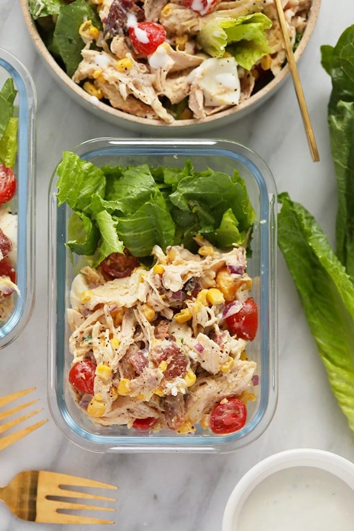 Rotisserie Chicken Cobb salad in a meal prep container