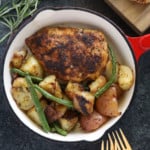 Healthy dinner idea: roasted chicken with potatoes and green beans in a skillet.