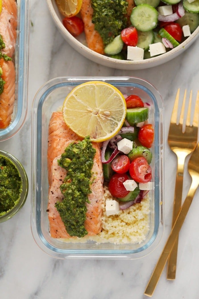 Mediterranean salmon in a meal prep container