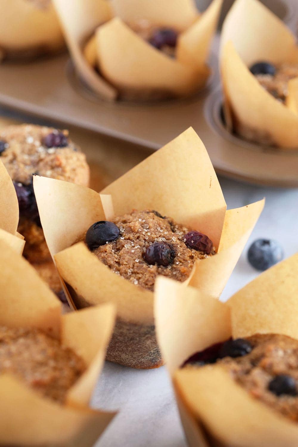 almond flour blueberry muffins in muffin liners