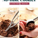 A series of photos depicting no bake chocolate oatmeal cookies.