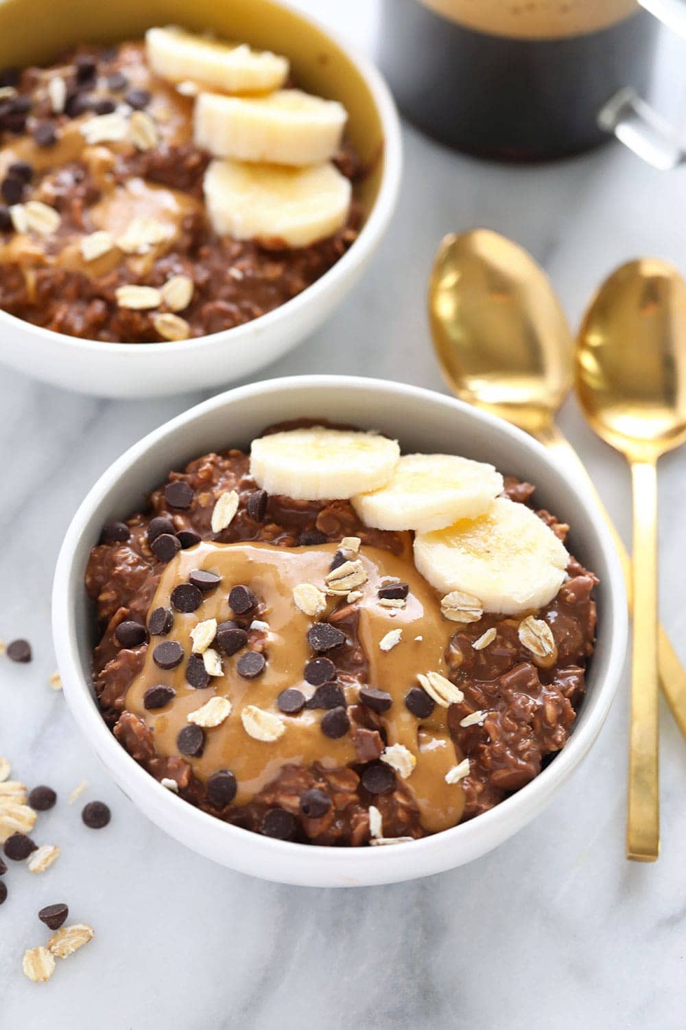 chocolate peanut butter overnight oats in a bowl