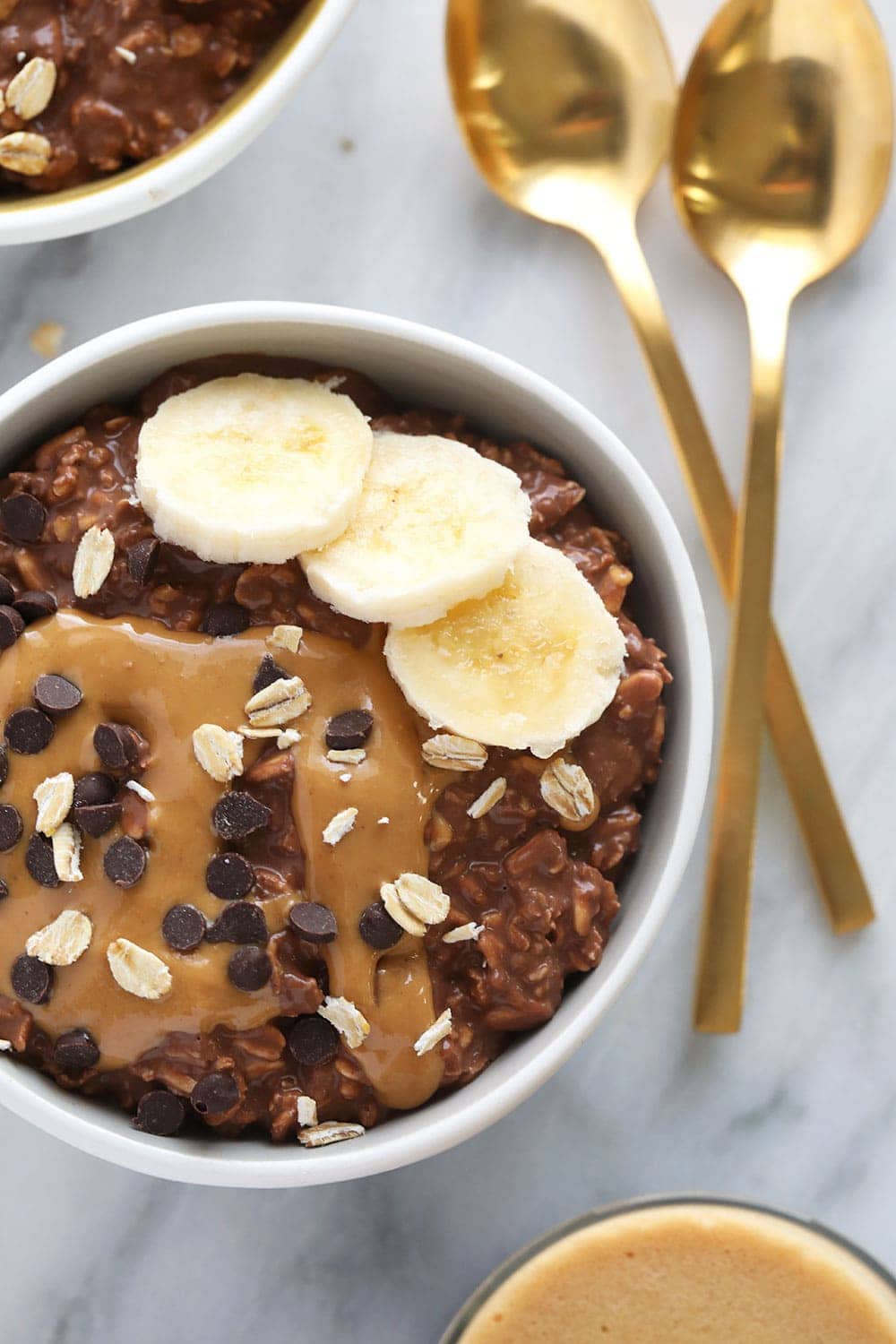 chocolate peanut butter overnight oats in a bowl.