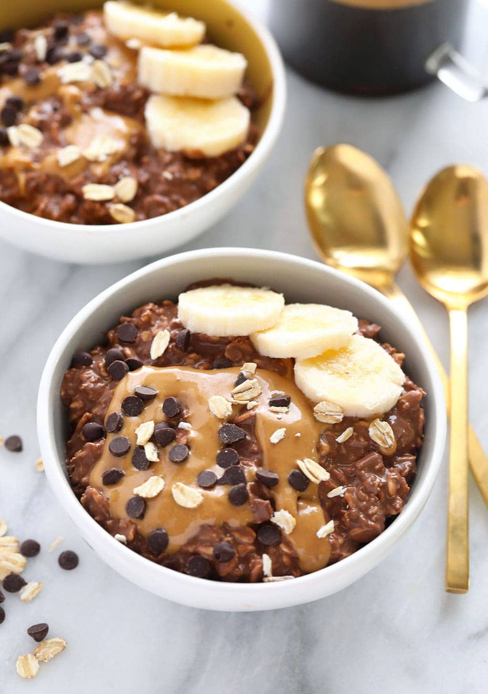 chocolate peanut butter overnight oats in a bowl.
