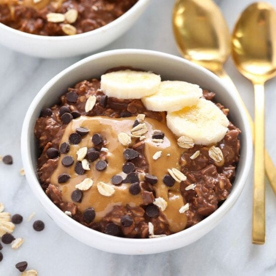 chocolate peanut butter overnight oats in a bowl