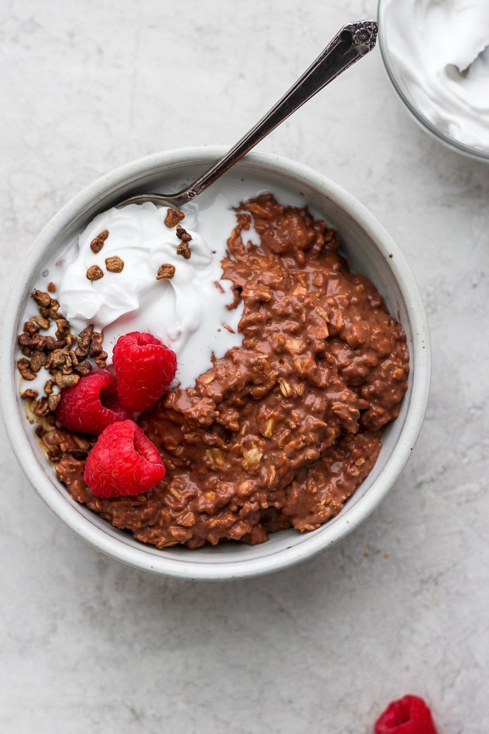chocolate sea salt protein oatmeal in a bowl topped with greek yogurt and raspberries