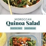 Moroccan quinoa salad with glass dish.