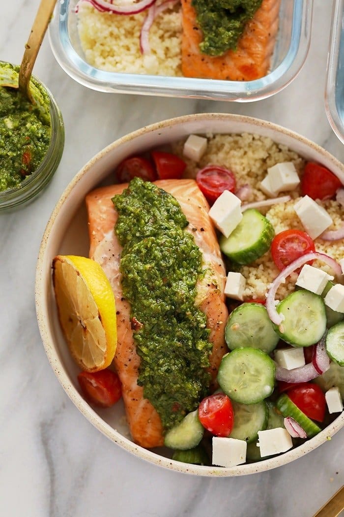 salmon filet with salad and couscous