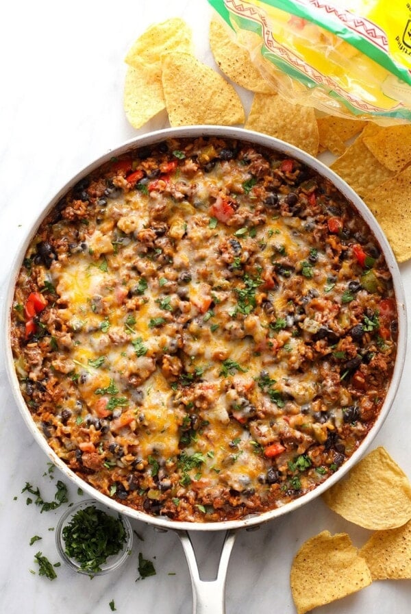 Mexican skillet in pan with chips