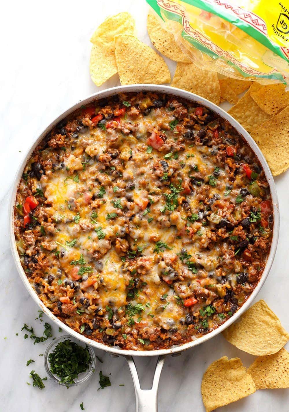 Mexican skillet in pan with chips